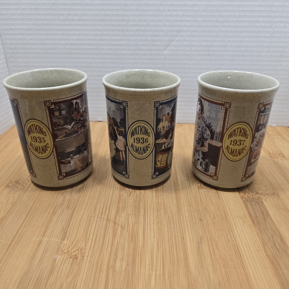 Vintage Watkins Almanac Stoneware Mugs Set of 3